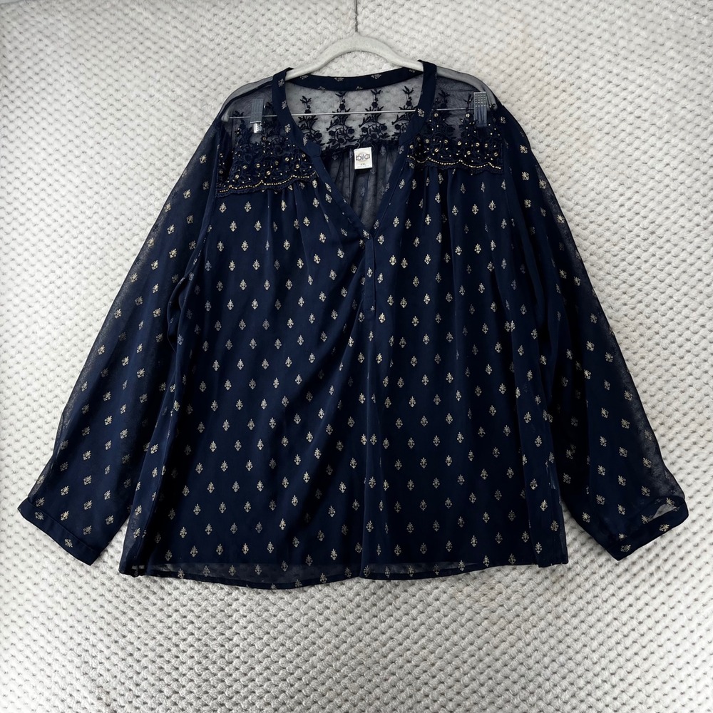 Blla Top Sheer Blouse Embroidered Beaded Long Sleeve‎ Lace Lightweight  XXL